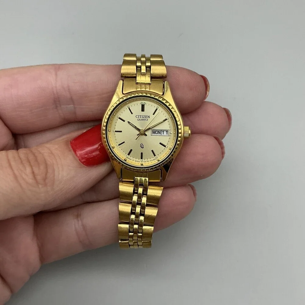 Vintage Citizen Women Watch 24mm Gold Tone Day Date 6000-077598 New Battery 5.5